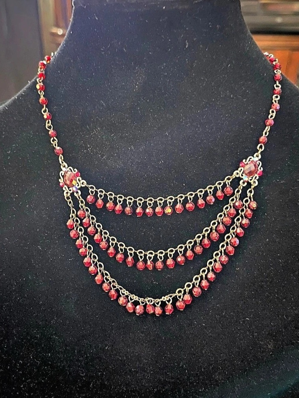 Vintage 1928 Jewelry Co. Red Faceted Crystal Tiered Festoon Necklace